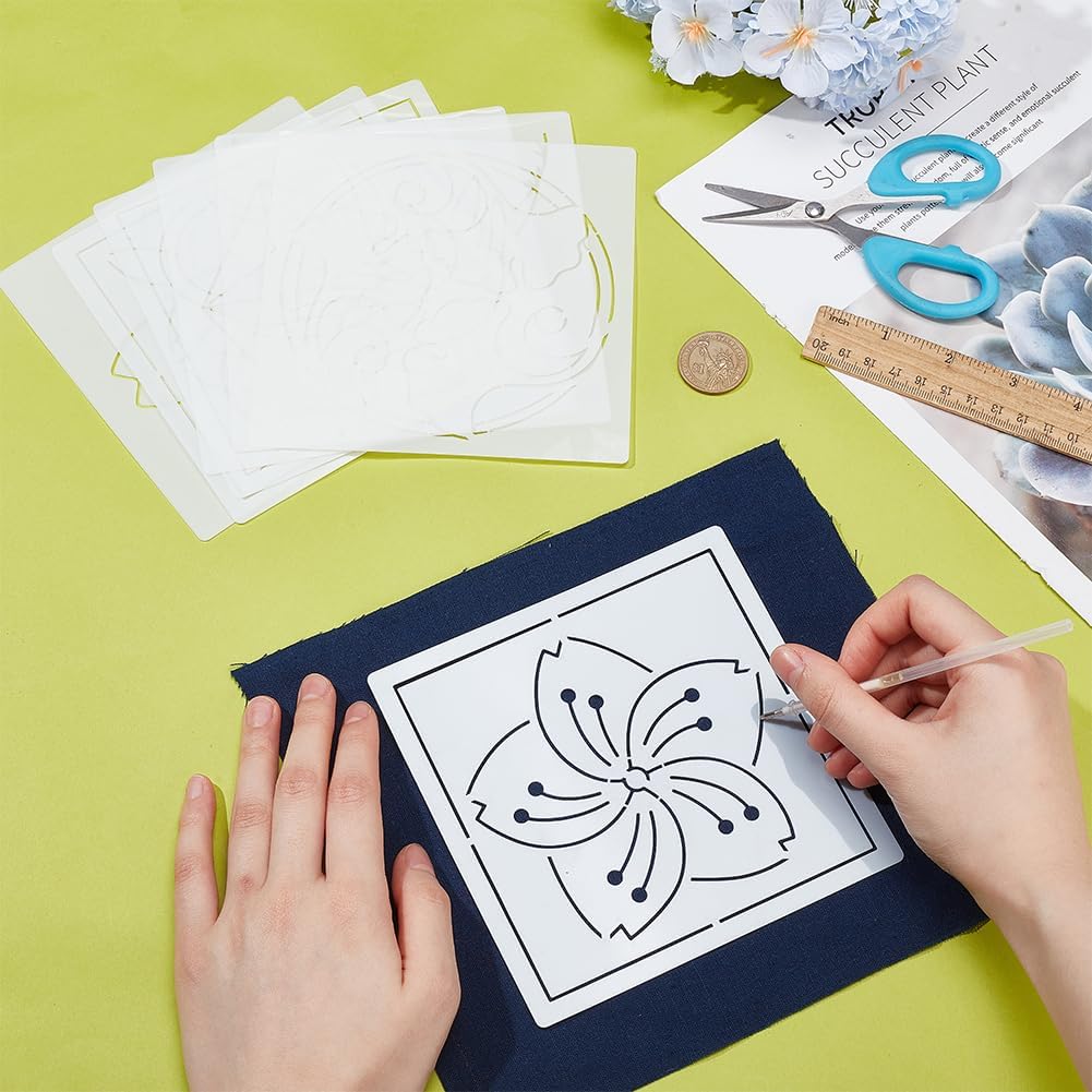 FREEBLOSS Sashiko Embroidery Stencils Sashiko PET Stencil Flowers Embroidery Patterns Stencils for Drawing Sashiko Template for Hand Quilting and Embroidery 14x14cm
