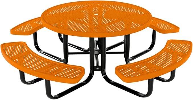 COATEDOUTDOORFURNITURE Heavy-Duty Portable Outdoor Kids Table with Umbrella Hole, Punched Steel Kids Picnic Table, Commercial-Grade, Made in America (46 in, Round, Childrens, Orange)
