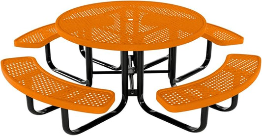 COATEDOUTDOORFURNITURE Heavy-Duty Portable Outdoor Kids Table with Umbrella Hole, Punched Steel Kids Picnic Table, Commercial-Grade, Made in America (46 in, Round, Childrens, Textured Orange)