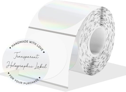 2" Round Transparent Thermal Label Stickers, Holographic Clear Self-Adhesive Direct Thermal Labels, Perforation Line Design& Waterproof- 300 Sheets