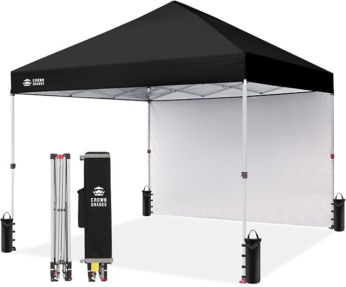 CROWN SHADES 8x8 Pop Up Canopy with 1 Side Wall - Beach Tent with One Push Setup - Outdoor Sun Shade for Events, Parties, Camping - Gazebo with STO-N-Go Cover Bag (Black)
