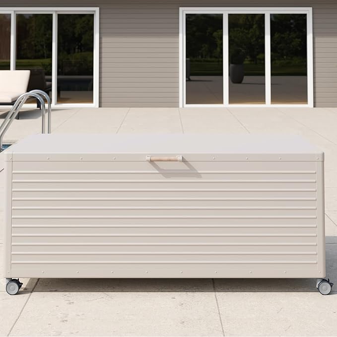 MIRADOR 281 Gallon Outdoor Storage Box Waterproof, Metal Deck Box with wheels for Patio Furniture, Garden Tools, Outdoor Cushion, Latte
