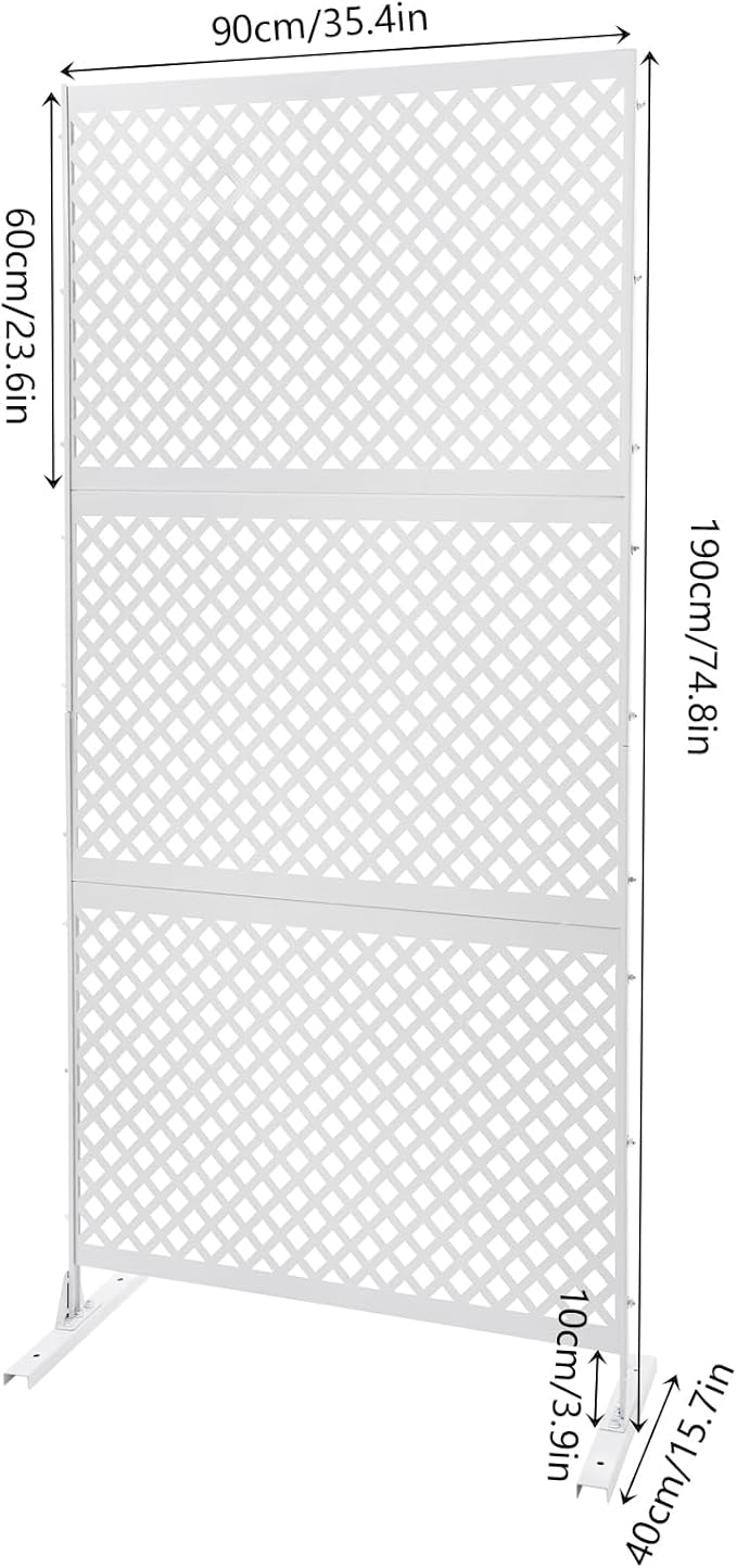 75" H×35" W Decorative Outdoor Privacy Screen with Stand, Outdoor Decor Privacy Fence Screen Metal Fence Panels, Free Standing Metal Divider for Patio Lawn Deck (White-Small Square)