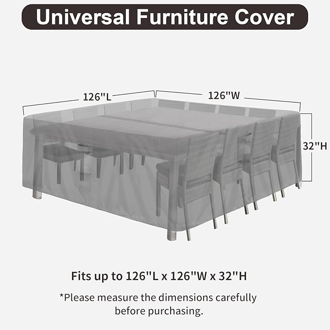 PureFit Patio Furniture Covers, Outdoor Table Furniture Cover Waterproof, Patio Sectional Couch Set Cover for Deck, Lawn and Backyard, UV Resistant, 126"L x 126"W x 32"H, Gray