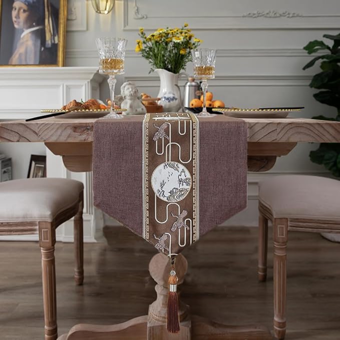 Embroidered Tassel Table Runner Chinese Style Landscape Painting Waterproof Cotton Linen Holiday Kitchen Dining Table Decoration for Home Party Decor 13x72 Inch (Brown)