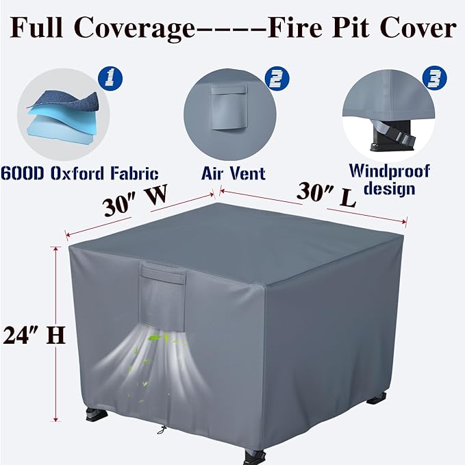 Chinchilla Heavy Duty 30 Inch Square Fire Pit Cover - 100% Waterproof & Weatherproof, Durable All-Season Protection for 28/29/30 Inch Propane Fire Pits and Tables