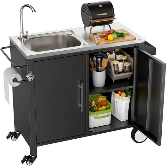 Outdoor Grill Cart with Storage, Movable Prep Cart with 304 Stainless Steel Sink and Wheels 3-Shelf Outdoor Kitchen Prep Table Pizza Oven Stand,BBQ Cart (38" x 18" x 35")
