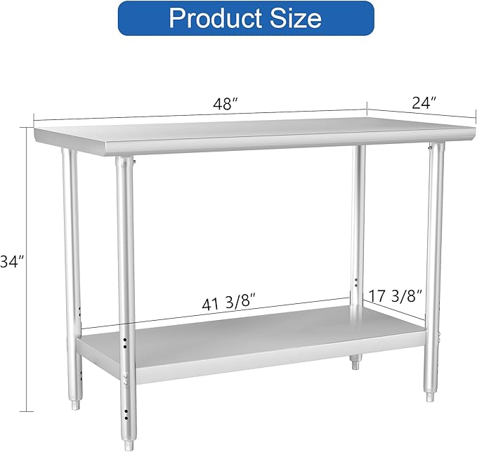 HARDURA All Stainless Steel Table 24X48 Inches Metal Table Commercial Kitchen Prep Table with Adjustable Undershelf NSF for Prep
