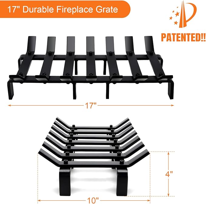 17“ Fireplace Grates Wood Stove Grate Rack Stove Burning Rack Heavy Duty Solid Steel 7-Bars Firewood Holder Easy Assembly Fire Grate for Indoor Hearth Outdoor Firepit Matt Black
