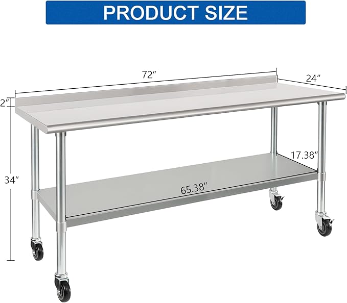 HARDURA Stainless Steel Table 24 x 72 Inches with Wheels Casters NSF Heavy Duty Commercial Prep Table with 2” Backsplash and Adjustable Undershelf for Restaurant Kitchen Home and Hotel