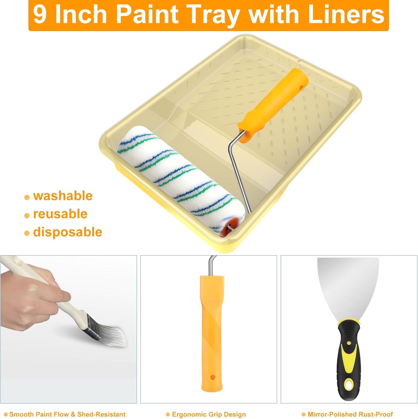 Paint Roller Kit with Extension Pole, Paint Brushes Set for Walls, Painting Supplies for Home Interior with Paint Brush, Paint Rollers, Paint Tray, Paint Tray Liner, Scraper etc.