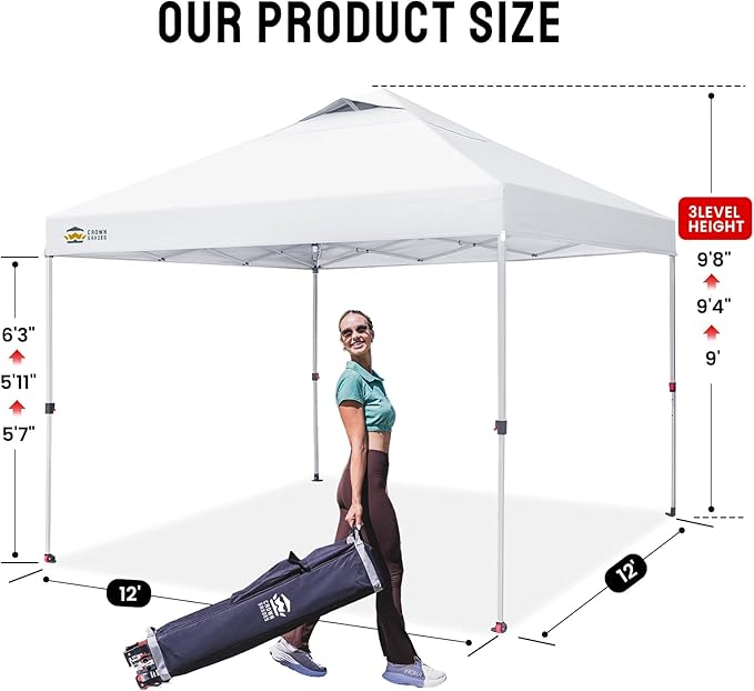 CROWN SHADES 12x12 Pop Up Canopy Outside Canopy, Patented One Push Tent Canopy with Wheeled Carry Bag, Bonus 8 Stakes and 4 Ropes, White