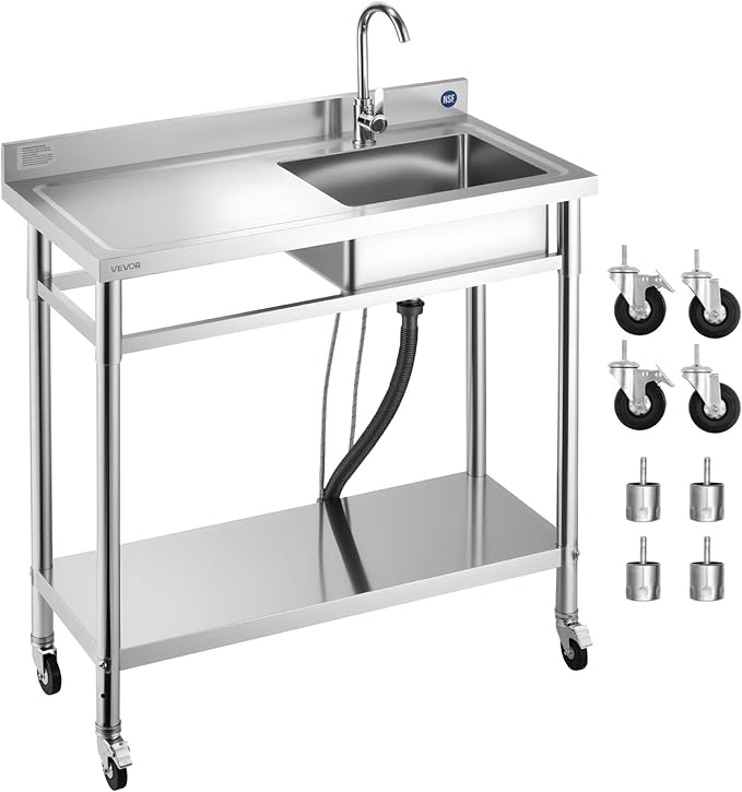 VEVOR Stainless Steel Utility Sink, Rolling Single Bowl Commercial Kitchen Sink with Wheels,Faucet and Hot & Cold Water Pipe,Utility Basin Workbench for Garage Restaurant Laundry 39.4 x 19.7 x 41.5 in
