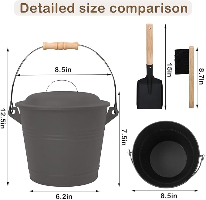 Poofzy Ash Bucket with Lid and Shovel, 1.3 Gallon Fireplace Bucket for Ashes, Includes Hand Broom and Gloves for Fire Pit, Wood Burning Stove and Grill (Gray)