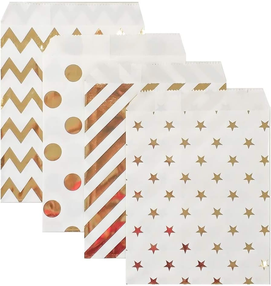 KEYYOOMY 200 Pcs Bright Gold Candy Buffet Bags - Small Polka Dot Paper Treat Bags for Wedding & Birthday Party (5 x 7 inch)