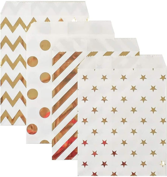 KEYYOOMY 200 Pcs Bright Gold Candy Buffet Bags - Small Polka Dot Paper Treat Bags for Wedding & Birthday Party (5 x 7 inch)