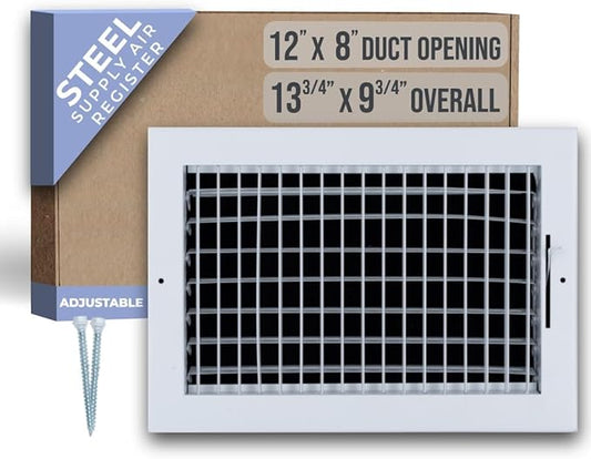 Fits 12x8 Duct Opening Steel Adjustable Air Supply Grille by Handua | Register Vent Cover Grill for Sidewall and Ceiling | White | Outer Dimensions: 13.75" X 9.75"