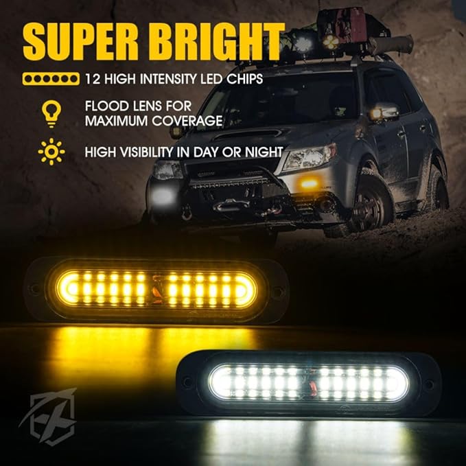 Xprite Amber/White LED Surface Mount Strobe Lights Kit, Grill Grille Side Marker Light Flashing Emergency Warning Light Assemblies w/Control Box for Trucks Vehicles ATV RV Cars Van 8PCS