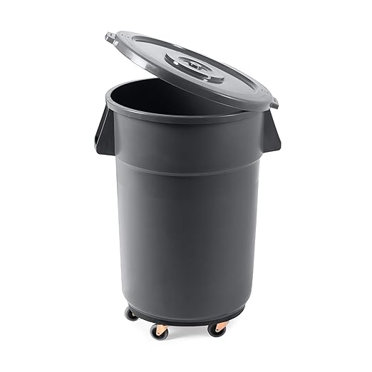 PRO&Family Commercial Round Trash Can with Lid and Dolly Rolling Waste Container, Ingredient Bin, Heavy-Duty Plastic, Anti-Static, Kitchen, Office, Outdoor Use (Gray, 44 Gallon)