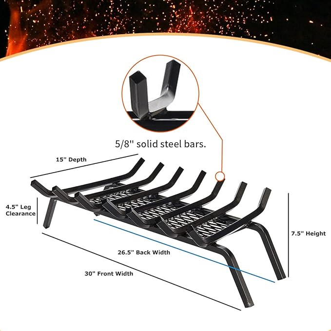 Heavy-Duty Steel Fireplace Grate with Ember Retainer (30 Inch)