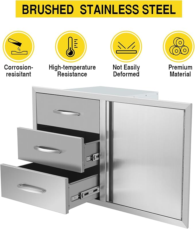 Outdoor Kitchen Drawer Combo, Stainless Steel Triple Drawers & 2 Trash Can Drawers, Enclosed Built-in Drawer Flush Mount For Outdoor Kitchens & BBQ Islands,G3