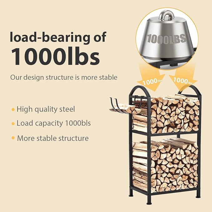 Firewood Rack Outdoor and Indoor, Fire wood Storage Racks with Wood Hooks, 15.7" Racks Outdoor for Fire wood, Adjustable Log Racks For Firewood, Heavy Duty Logs Holder Woods Storage