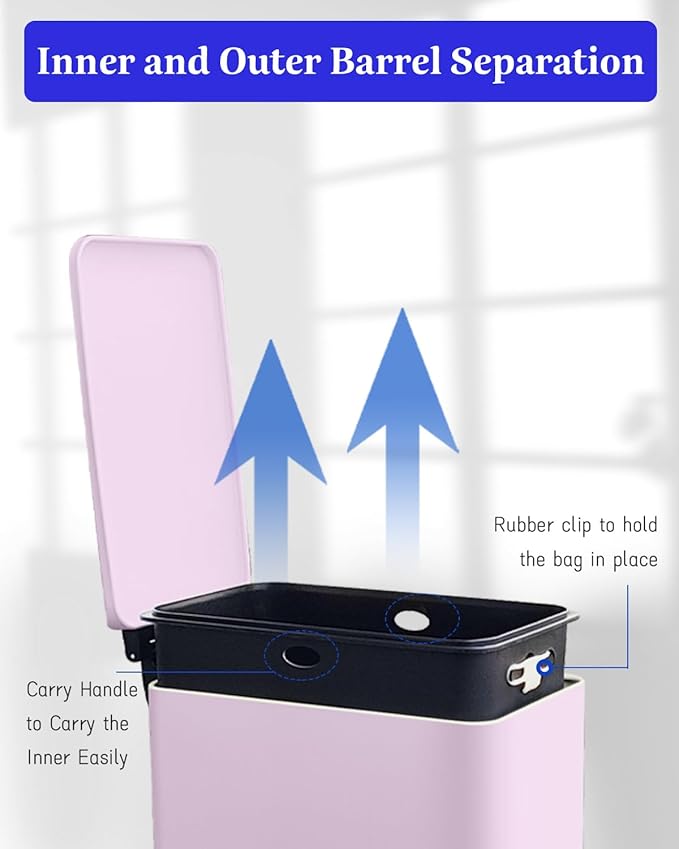 Bathroom Trash Can with Lid, 2.6 Gallon Stainless Steel Slim Garbage Can, Pedal Trash Bin with Removable Liner Bucket, 10L Rectangle Trash Bin for Bedroom, Kitchen, Office (Pink)