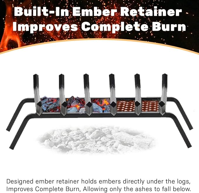 Heavy-Duty Steel Fireplace Grate with Ember Retainer (27 Inch)
