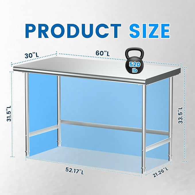 Treshin Stainless Steel Work Table Open Base 30" X 60", Commercial Heavy Duty Prep Table for Kitchen, Restaurant, Home, Hotel, Laundry