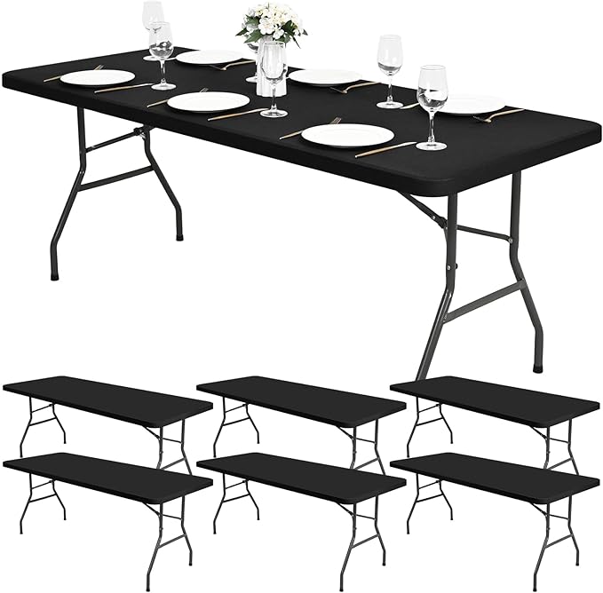 6 Pack Stretch Fabric Table Top Cap Cover, fits 6Ft Tables, Spandex Table Covers Washable Elastic Universal Rectangle Tablecloth Protector for Indoor Outdoor Party Picnic Wedding, Black, 30" W x 72" L