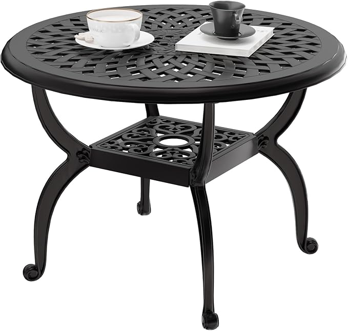 Cast Aluminum Outdoor Side Table, All Weather Round Bistro Table, Outdoor Coffee Table, Small End Table for Patio, Indoor, Lawn, Garden, Black