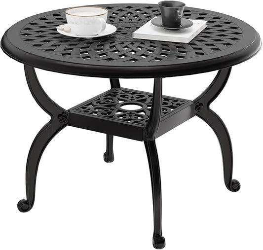 Cast Aluminum Outdoor Side Table, All Weather Round Bistro Table, Outdoor Coffee Table, Small End Table for Patio, Indoor, Lawn, Garden, Black