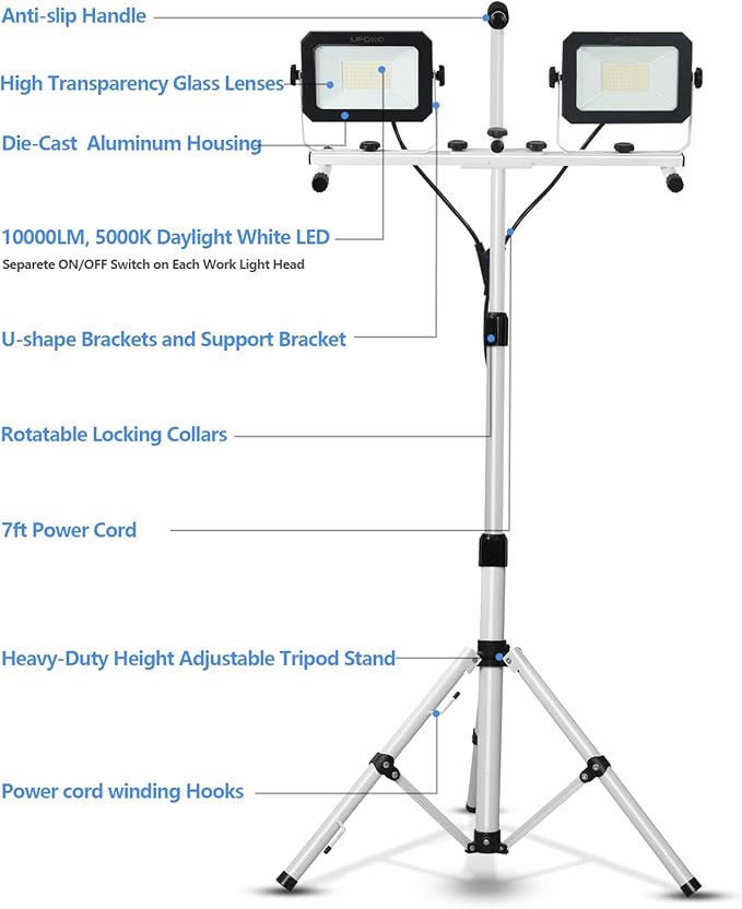 UFOND 10000 Lumen LED Work Light with Stand,Detachable Waterproof Dual Head Work Lights,Individual Switch Floodlight with TelescopingTripod,Work Lamp with Power Cord for Construction Site