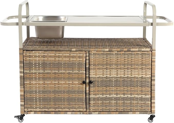 Outdoor Table, Wicker Cart with Cabinet, Patio Serving Cart with Steel Top, Lockable Wheels, Side Basket for Garden, Poolside & Backyard, Beige