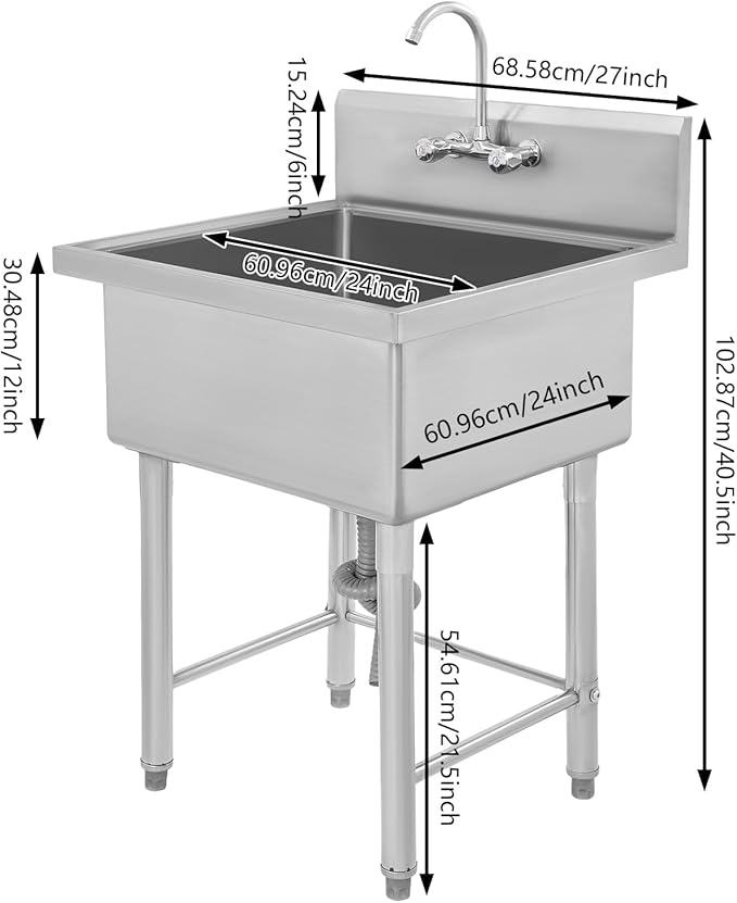 Commercial Sink with Cold & Hot Faucet, Freestanding Single Bowl Kitchen Utility Sink Stainless Steel Outdoor for Home Hotel Garage Garden Bar Restaurant (24X24X41in)