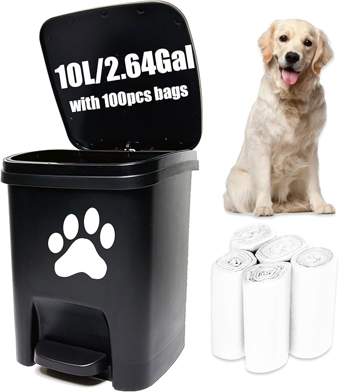Tebiete Dog Poop Trash Can Outdoors Pet Waste Station with Lid Hands-Free Pedal Garden Yard Home with 100pc Waste Bags, Black