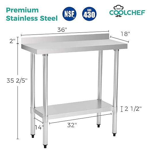 Stainless Steel Work Table 18 x 36 Inch, NSF Commercial Prep Table with Undershelf, Heavy Duty Food Prep Workstation with Backsplash