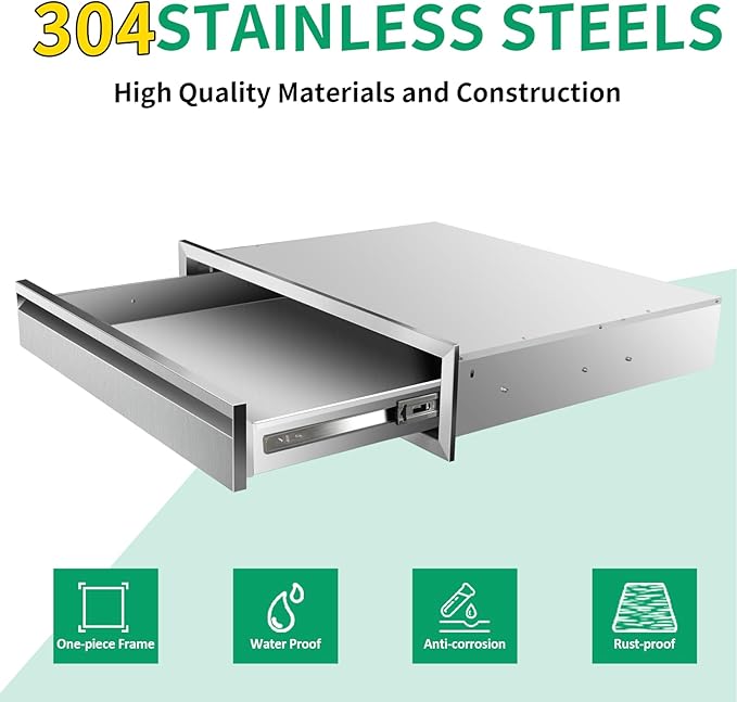 Outdoor Kitchen Drawers 24" W x 6.5" H x 23" D Stainless Steel Single Drawers with Hidden Handle for BBQ Island, Patio Grill Station & Outdoor Kitchen Cabinets