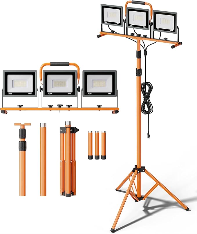 Upgraded 21000Lumen LED Work Lights with Stand - 3 Head Adjustable Work Light with 16FT Cord - IP66 Waterproof Tripod Worklights with Individual Switch for Outdoor Indoor Portable & All-round Lighting