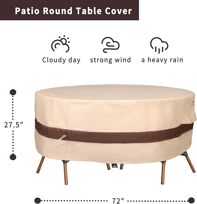 Round Patio Furniture Cover, Heavy Duty and Waterproof for Outdoor Furniture covers, Round outdoor table cover, Patio table cover 72"DIA x 27.5"H Beige