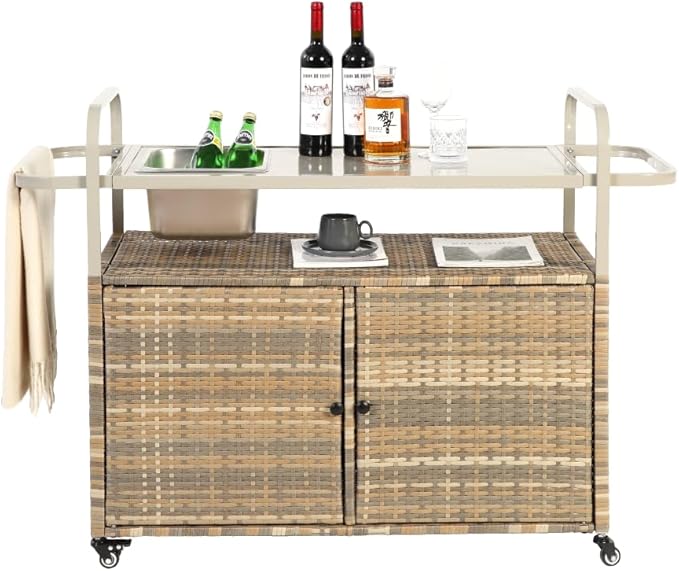 Outdoor Table, Wicker Cart with Cabinet, Patio Serving Cart with Steel Top, Lockable Wheels, Side Basket for Garden, Poolside & Backyard, Beige
