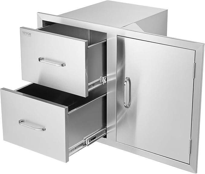 VEVOR Outdoor Kitchen Door Drawer Combo, 32.5" Wx21.7 Hx20.5 D, Access Door Double Drawers with Paper Towel Rack, BBQ Island Drawers with Stainless Steel Handles, 30.7" Wx20 Hx21 D Cutout Size