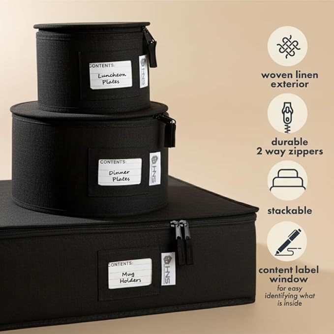 China Storage Hard Shell Containers 5-Piece Set Moving Boxes for Dinnerware, Glasses, Plates, Mugs and Saucers Sturdy Dish Organizer with Dividers for Seasonal Storage - Service for 12 - Black Quilted