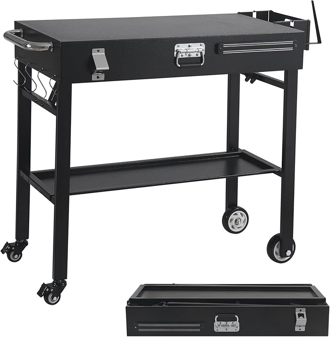 Portable Grill Cart for Blackstone Griddle with Lock, Shelves & Caddy - Fits 17 or 22 Inch Grills, Foldable Outdoor Cooking Stand for Outdoor Tailgate and Camping, Black