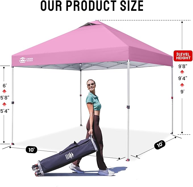 CROWN SHADES 10x10 Pop Up Canopy - Beach Tent with One Push Setup - Easy Outdoor Sun Shade for Events, Parties, Camping - Gazebo with STO-N-Go Cover Bag, Silver Coated Top, Pink