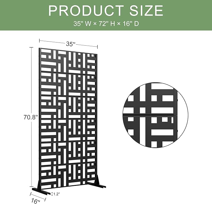 Casaphoria 72" H x 35" W Metal Privacy Screen, Outdoor Freestanding Decorative Divider for Patio, Deck, Balcony, and Garden with Stable Base, Black-Helen