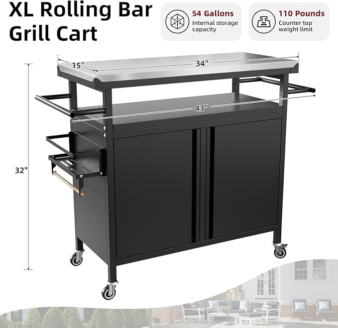 Outdoor Grill Cart Bar Cart with Storage Cabinet for Grilling Accessories, XL Portable Outdoor Grill Table with Stainless Steel Top for Kitchen Prep, Lawn & Garden（Black）