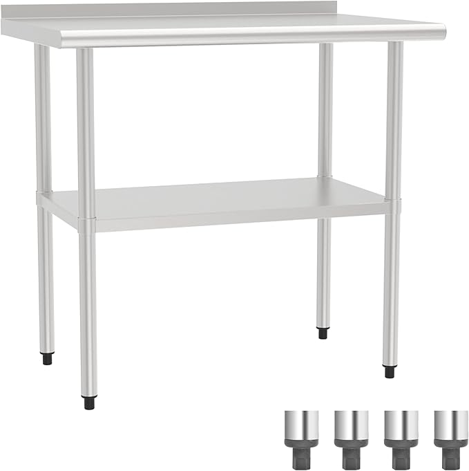 24x36 Inch Stainless Steel Work Table with Backsplash and Undershelf, Heavy Duty Commercial Prep Table, Kitchen Workbench with Adjustable Shelf, NSF Certified