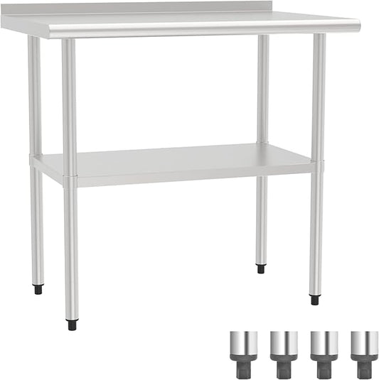 24x36 Inch Stainless Steel Work Table with Backsplash and Undershelf, Heavy Duty Commercial Prep Table, Kitchen Workbench with Adjustable Shelf, NSF Certified