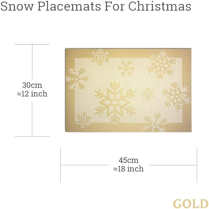 Christmas Placemats Set of 6 Vinyl Woven Non-Slip Placemats Washable Easy to Clean Table Mats for Dining Table (Snow Gold)